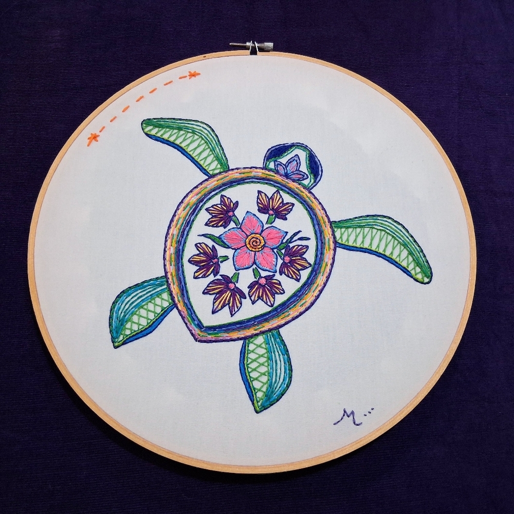 Sea Turtle Embroidery 10.5" Frame By Me - Picture 3 of 10